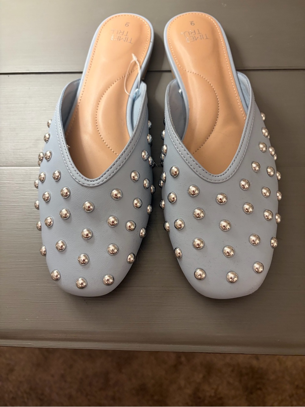 Pale blue studded slides, size 9, new without tags